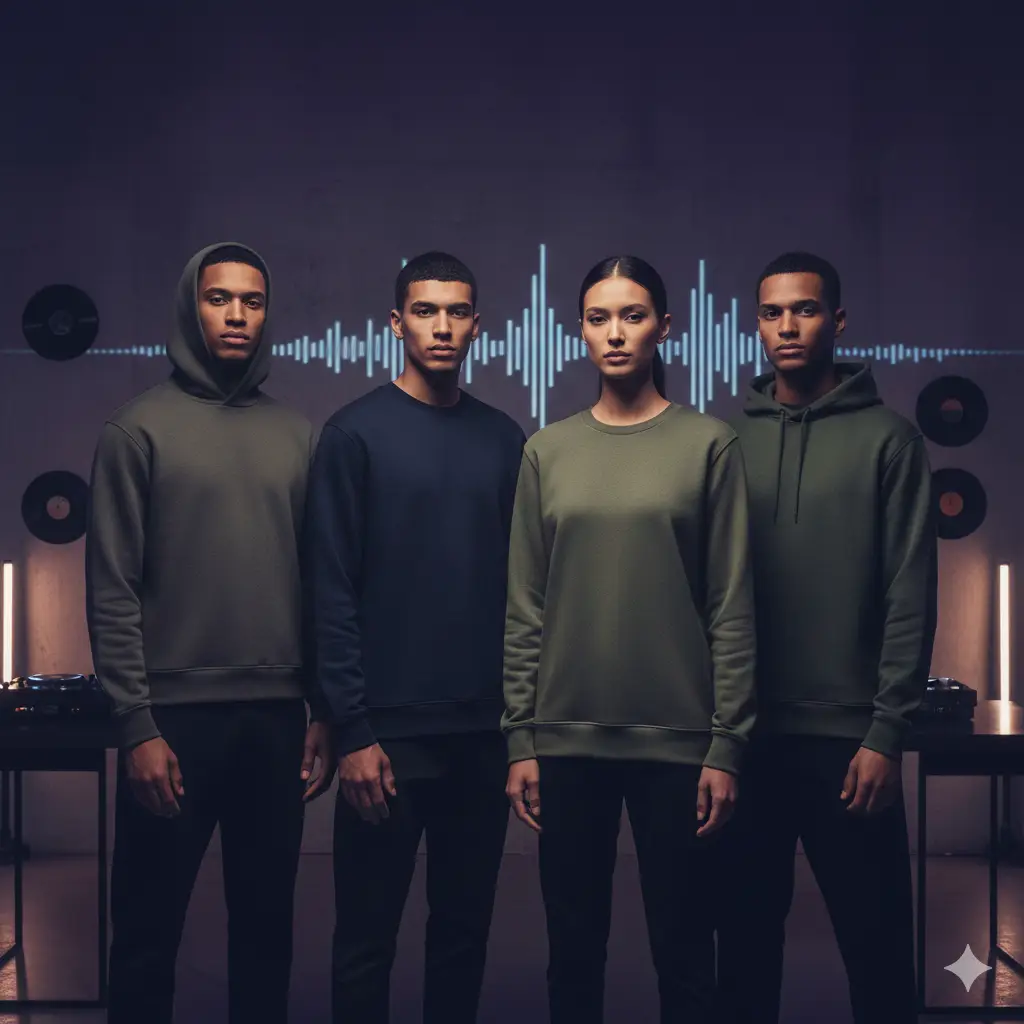 Models in dark-toned luxury streetwear posing in a cinematic, deep house–inspired editorial setting inspired by the energy of Black Coffee.