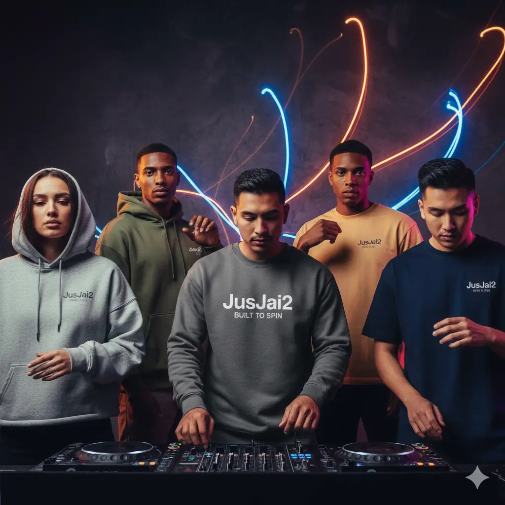Models wearing luxury streetwear featuring the JusJai2 ‘Built to Spin’ design in a cinematic DJ-inspired editorial setting