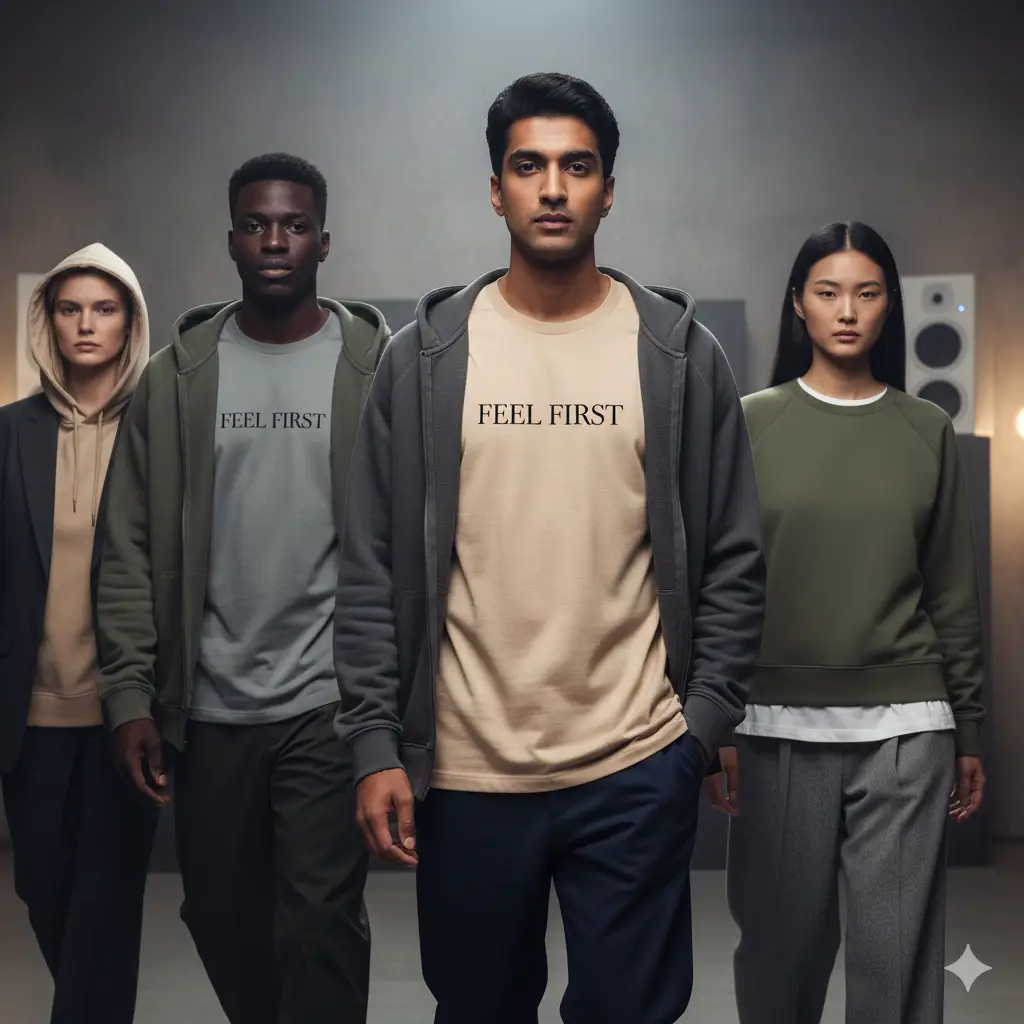 Diverse models wearing elevated streetwear with the JusJai2 ‘Feel First’ T-shirt prominently displayed in a high-fashion editorial setting.