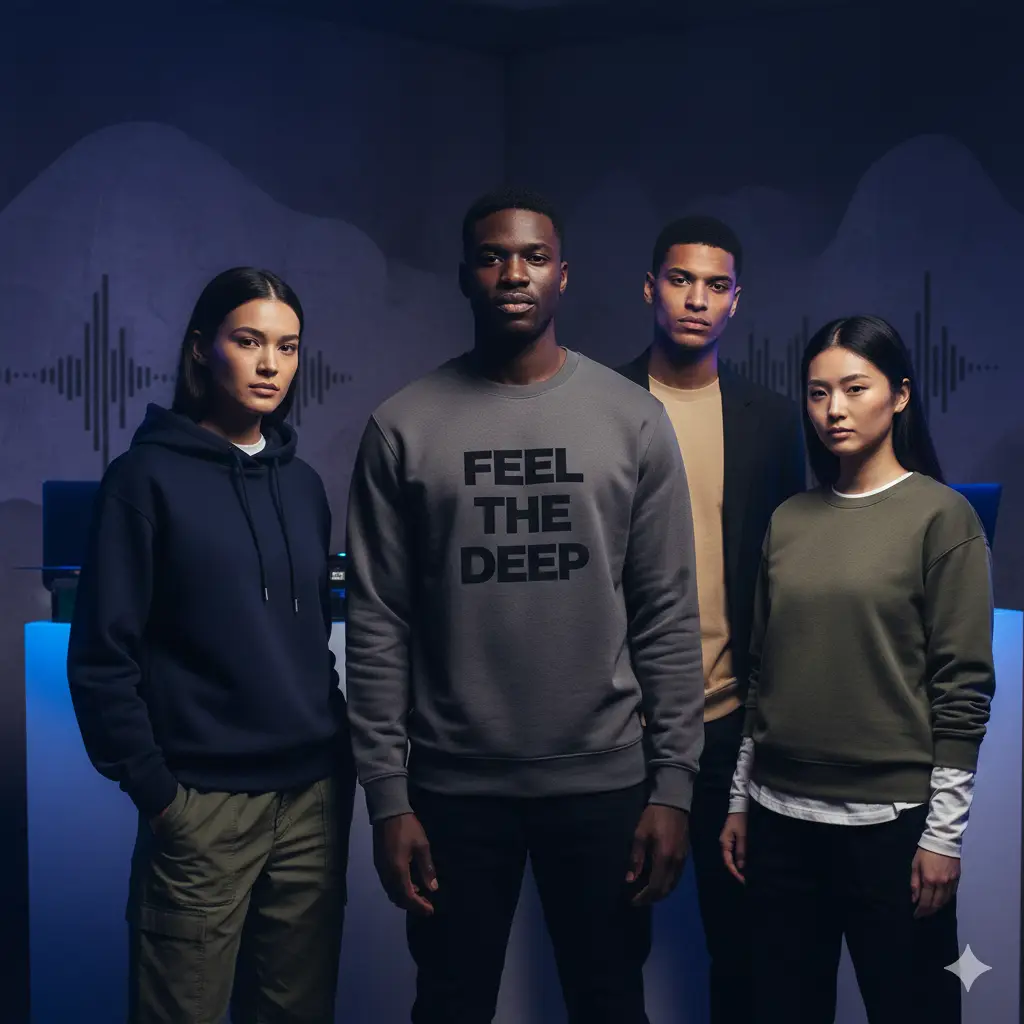 Models wearing luxury streetwear in dark JusJai2 tones, featuring the ‘Feel the Deep’ design in a cinematic, deep house-inspired editorial setting.