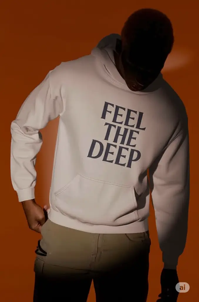 Person wearing a light heather grey Feel The Deep unisex hoodie with dark blue text, under dramatic lighting with an orange background