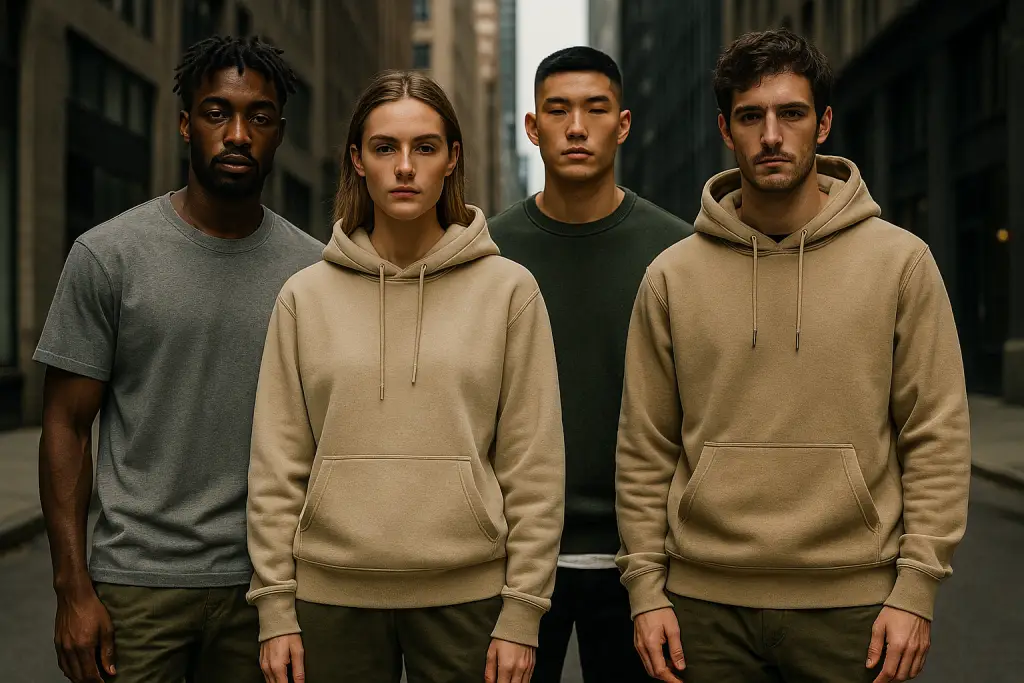 Four diverse models in neutral-toned streetwear — T-shirts, hoodies, and sweatshirts in ash, sand, and military green — standing on a moody city street in a high-fashion editorial style