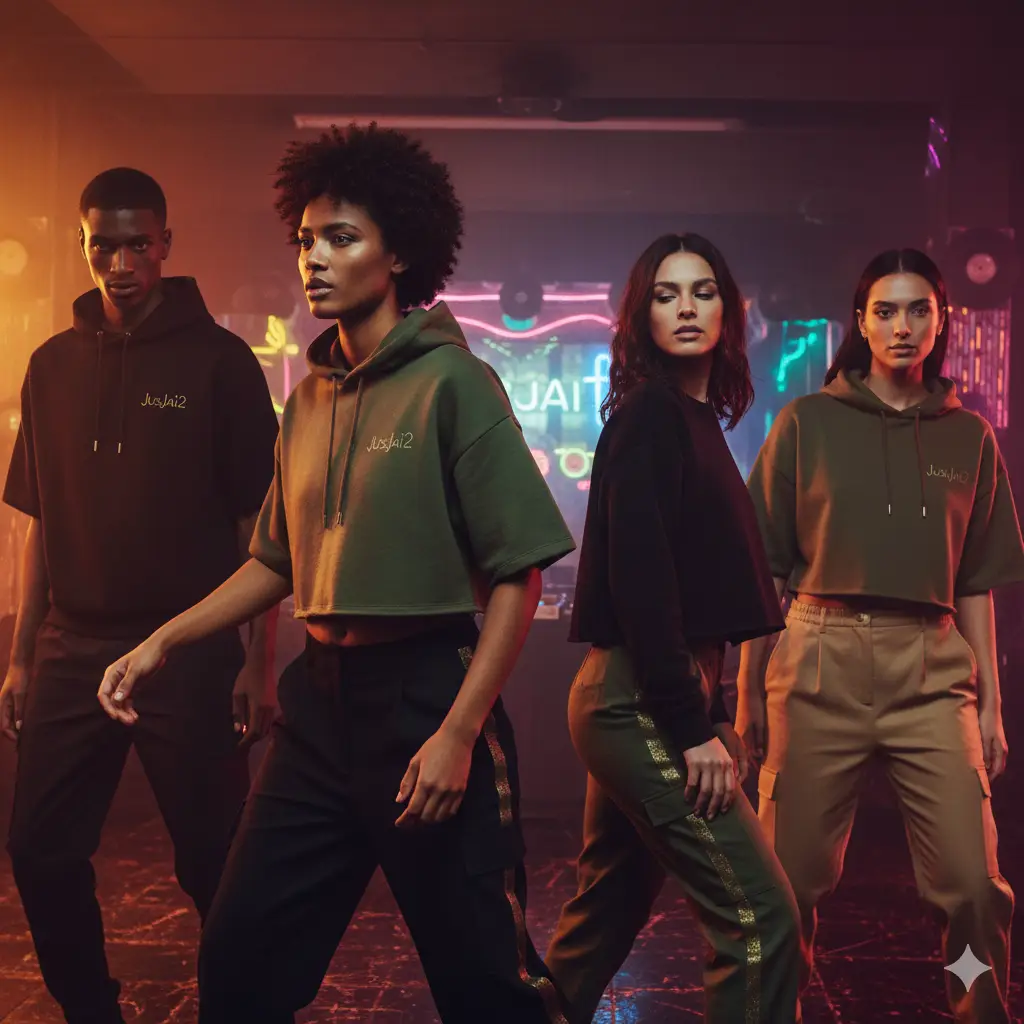 Models in bold luxury streetwear posing in a nightlife-inspired editorial scene influenced by the expressive energy of Honey Dijon.
