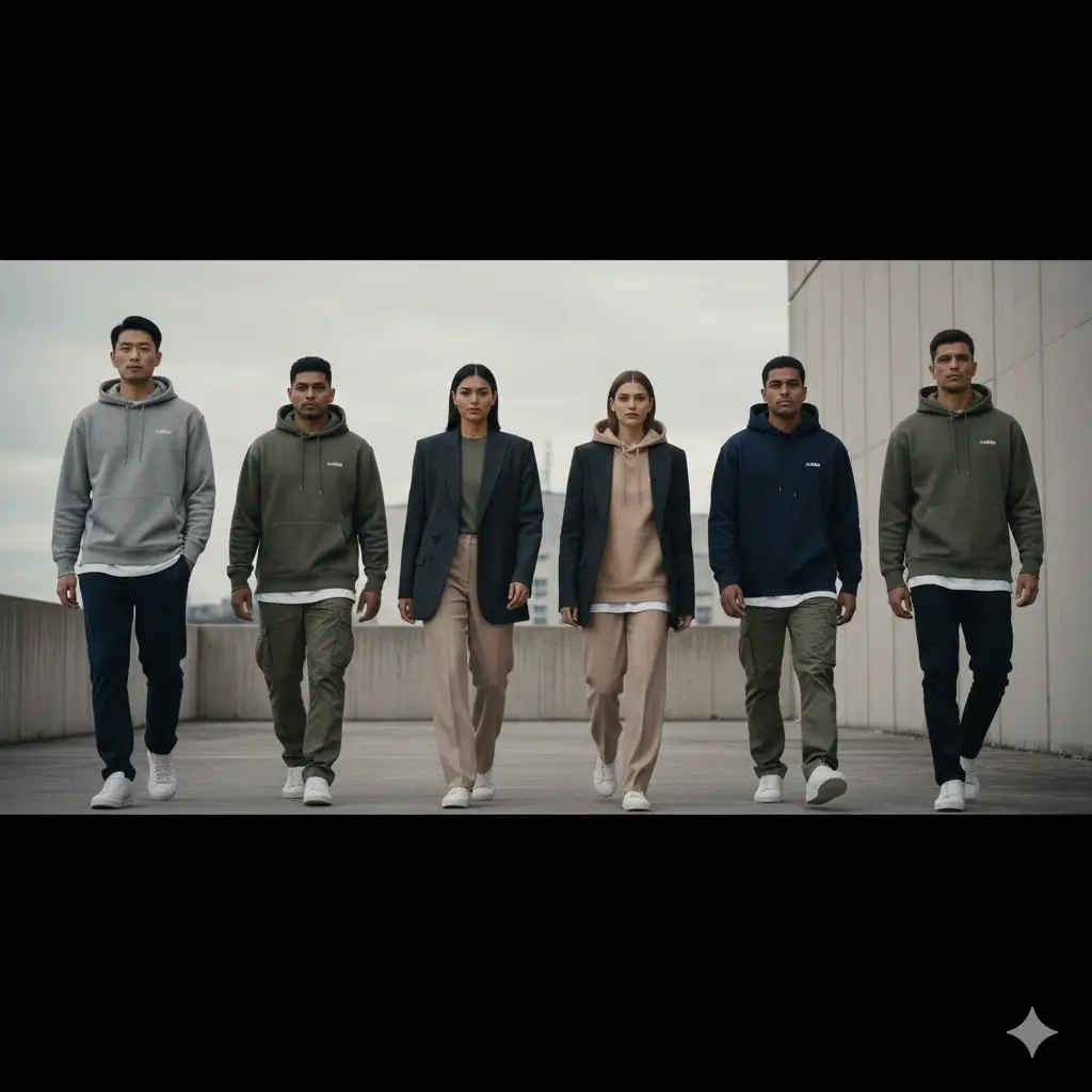 Ethnically diverse group of men and women wearing elevated streetwear basics—T-shirts, hoodies, and crewneck sweatshirts—in neutral JusJai2 colors, walking together in a high-fashion editorial style.