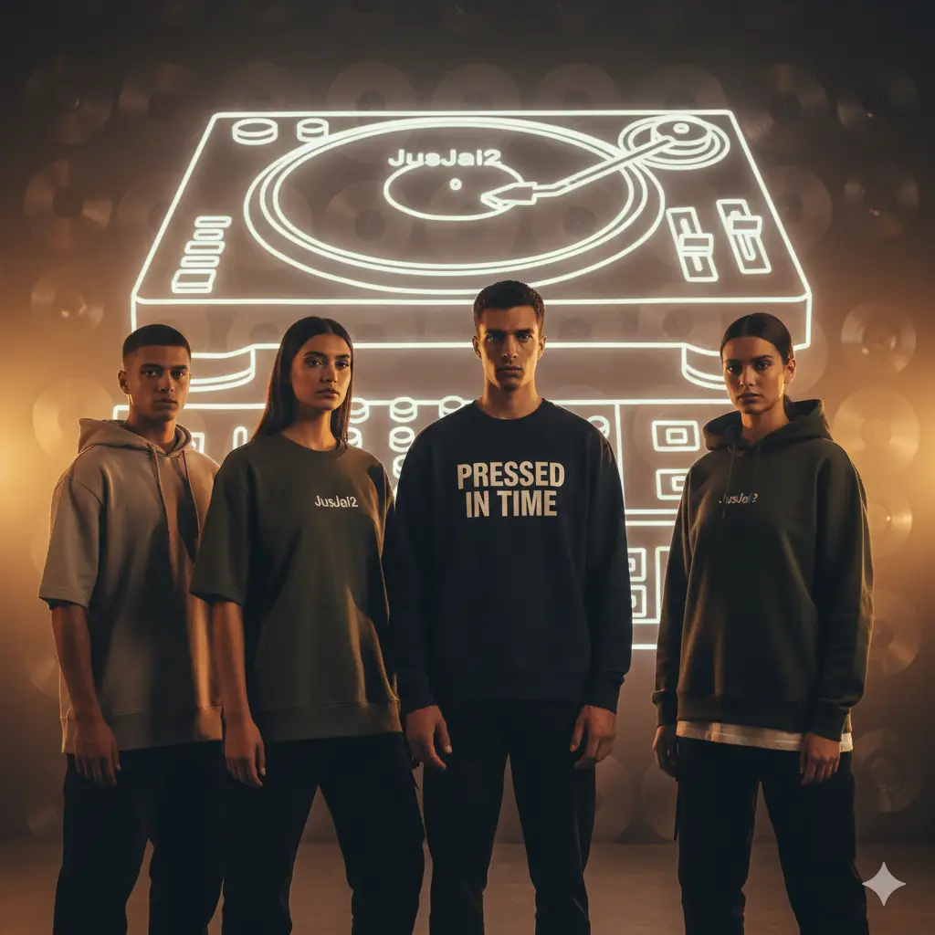 Models wearing elevated streetwear featuring the JusJai2 ‘Pressed in Time’ design in an editorial setting inspired by vinyl and analog music culture.