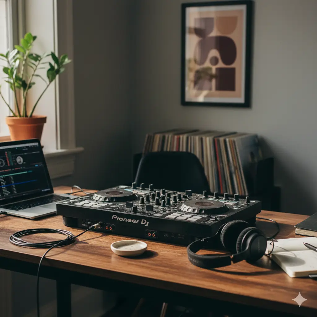 Editorial-style photo of a DJ’s workspace featuring a Pioneer controller, laptop with DJ software, vinyl records, headphones, and a wooden desk in a minimalist studio setting.